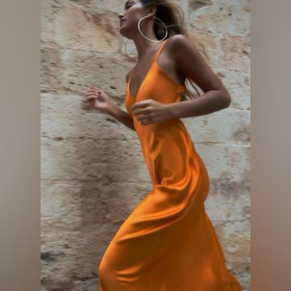 Zara dress maxi midi hot orange satin effect wedding party cocktail - Picture 7 of 16